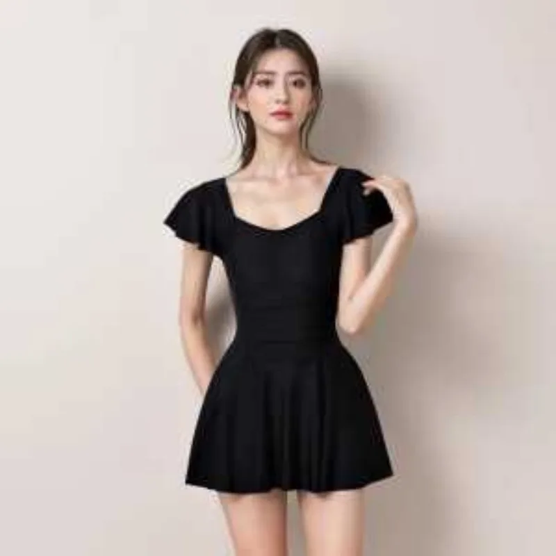 Women's Ruffle Sleeve One Piece Swimdress Tummy Control High Elastic U-Neck Skirted Bathing Suit for Beach Swimming