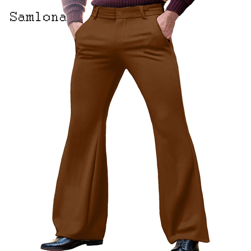 Samlona 2024 Men\'s Stand Pocket Elegant Flare Pants Solid Khaki Basic Stretch Trouser Plus Size Mens Fashion Buttons Up Pants