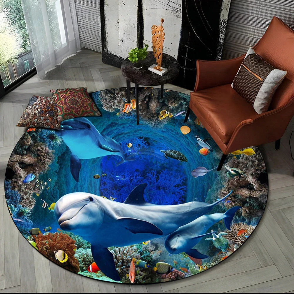 

3D Seabed Illusion Underwater World Dolphin Round Area Rug,Carpet for Living Room Bedroom Sofa Playroom Decor,Non-slip Floor Mat