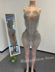 Luxury Silver Diamante Short Cocktail Dress 2024 Sparkling Crystal Beaded Fringe Beaded Sexy Mini Vestidos Para Eventos Especial