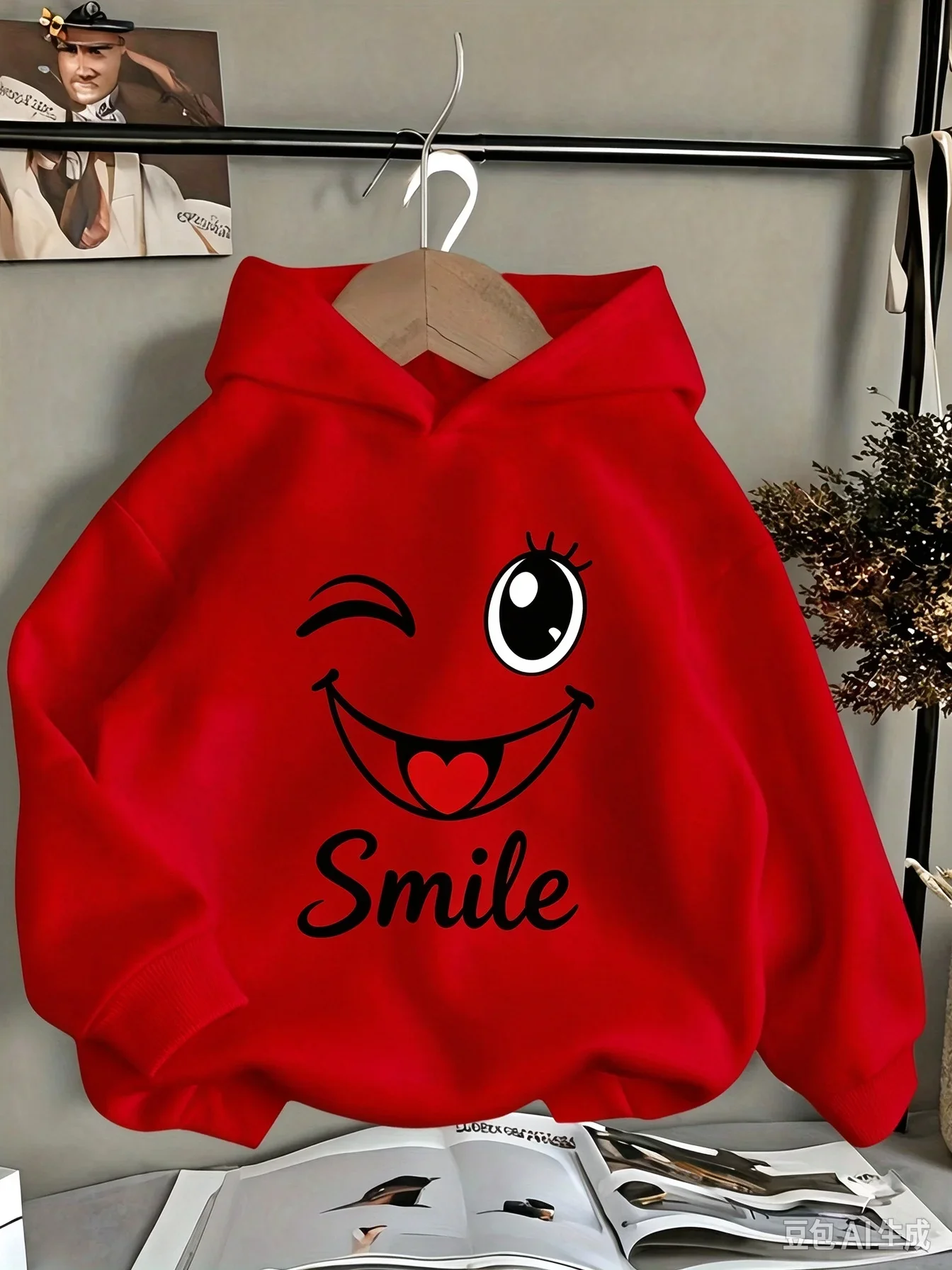 Casual fleece hooded sweatshirt with playful smiley face print - comfortable autumn and winter pullover long sleeved top