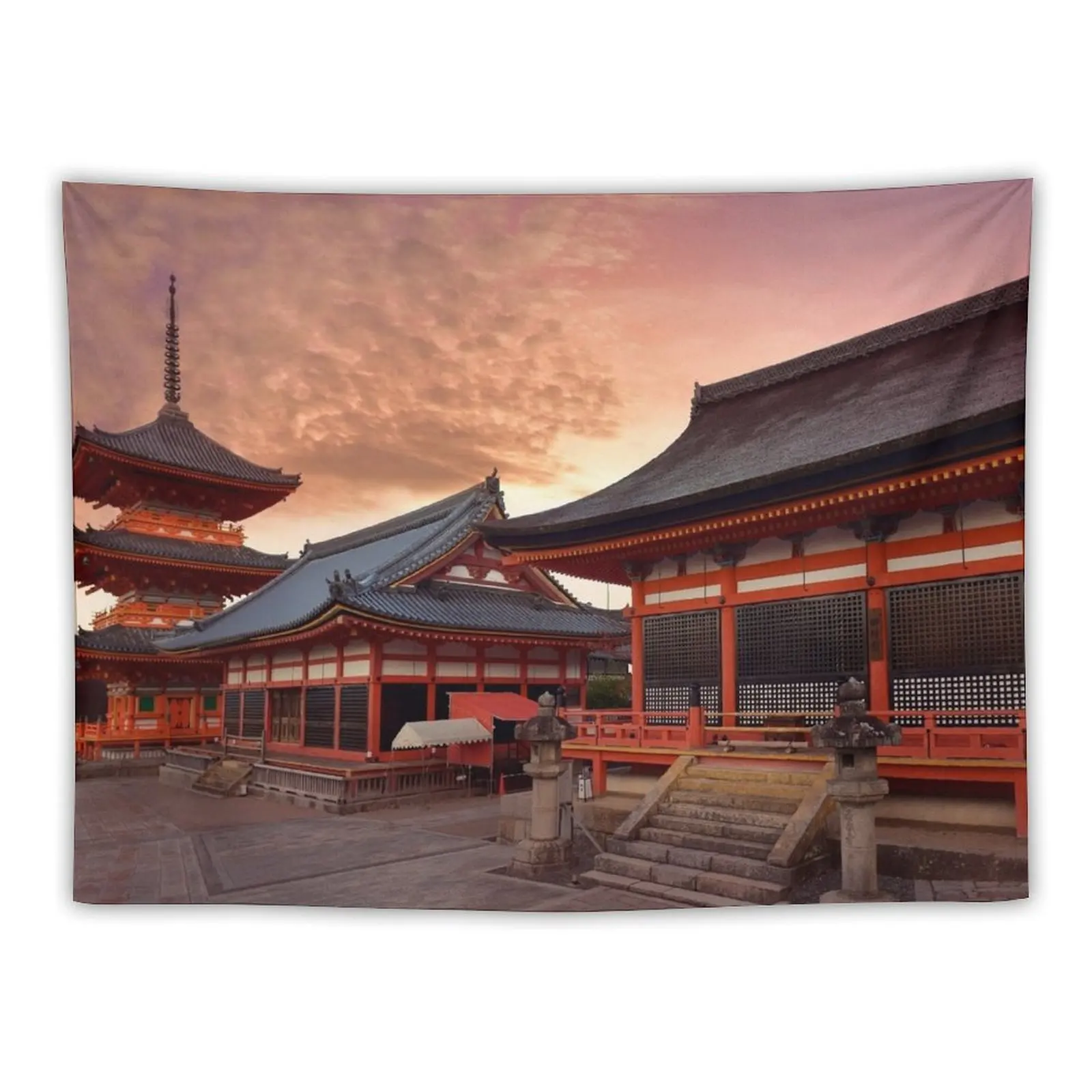 Sanjunoto pagoda Kaisan-do and Kyo-do hall at Kiyomizu-dera Buddhist temple Kyoto in dramatic red sunrise art photo pri Tapestry