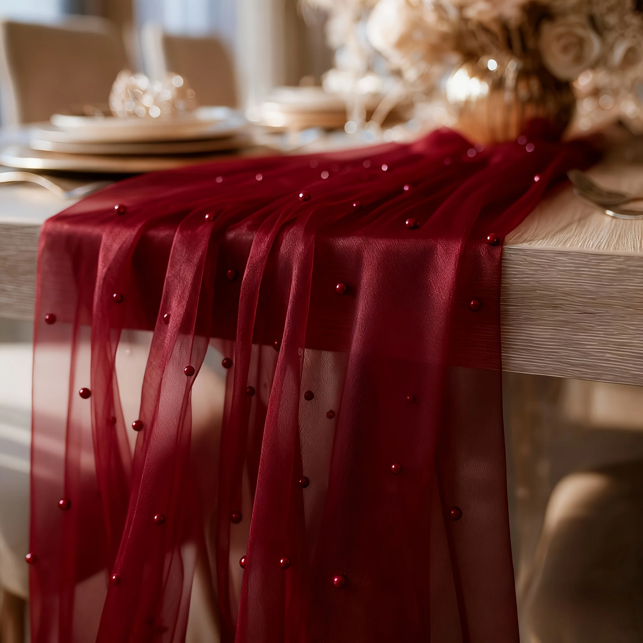 Elegant Burgundy Pearl Tulle Table Runner, Suitable for Valentine's Day/Christmas Table Decor, Wedding Dessert Table Arch Decor