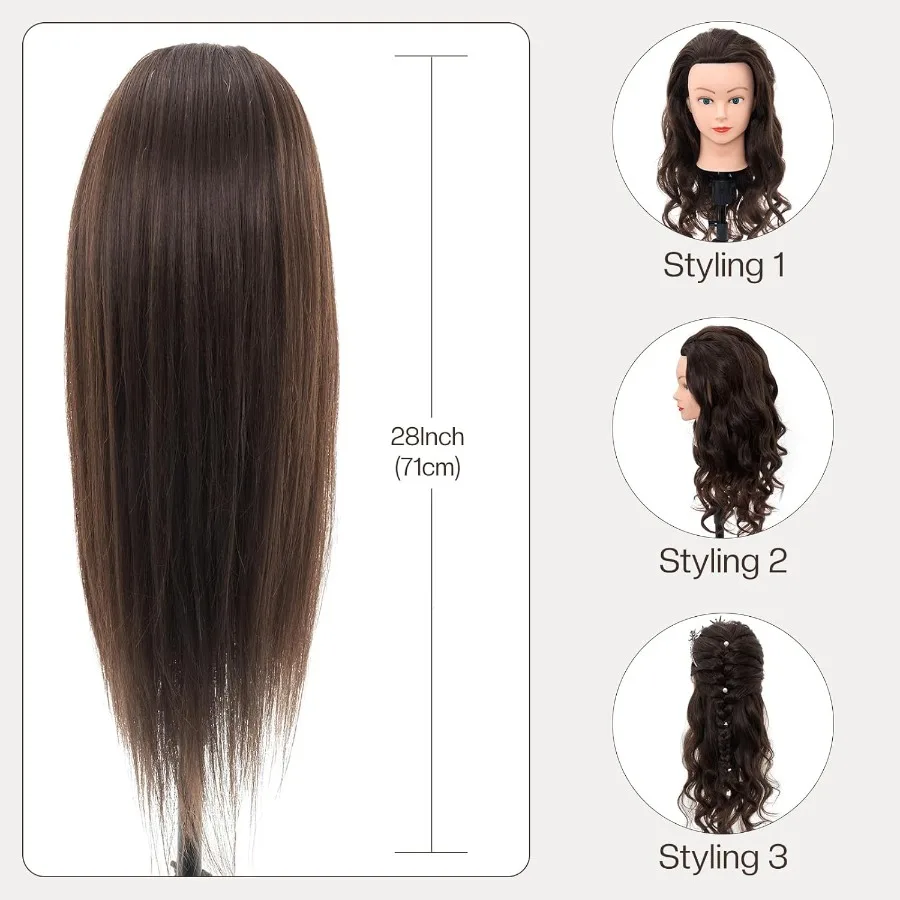 رأس عارضة أزياء للشعر الحقيقي مقاس 28 بوصة 60 لتدريب التجميل وممارسة التصميم مثالية لتقنية تجديل وتجعيد الشعر والقطع