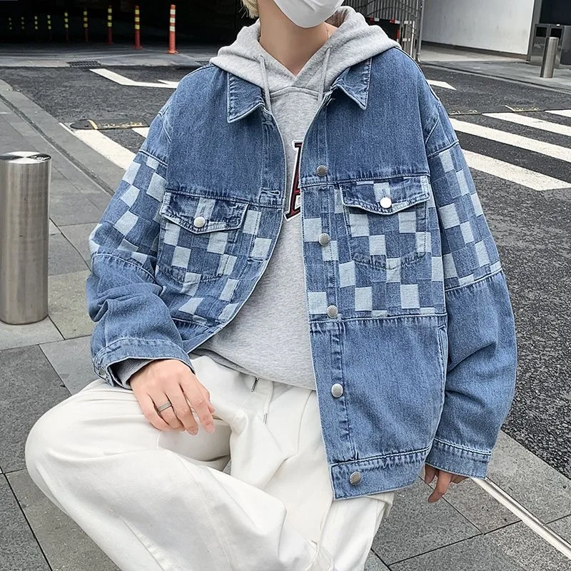 2024 الربيع والخريف موضة جديدة الاتجاه الرجعية منقوشة الدنيم سترة الرجال عادية استرخاء مريحة تنفس حجم كبير سترة #5