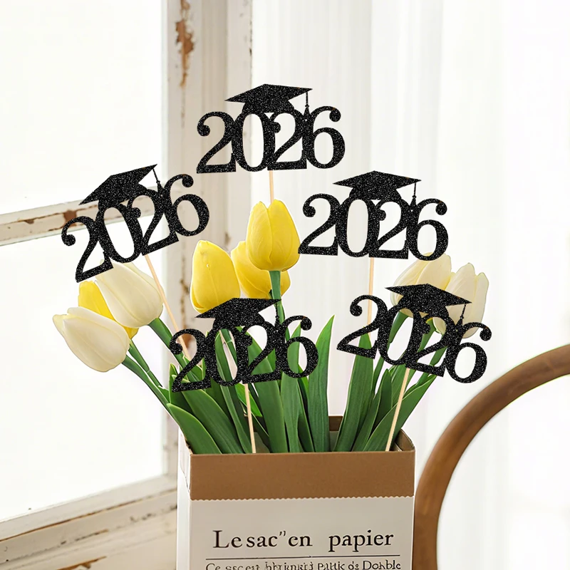 YOMDID 10 Stück 2026 Cupcake-Topper für den Abschluss, glitzernde Cupcake-Topper für 2026-Abschlusskappen mit langen Mittelstücken, Sticks – Detail 10