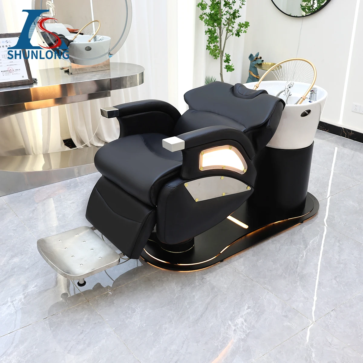 Salon Professional Electric Shampoo Chair Multifunctional Orange Brown Black Leather Head Treatment Chair With Light
