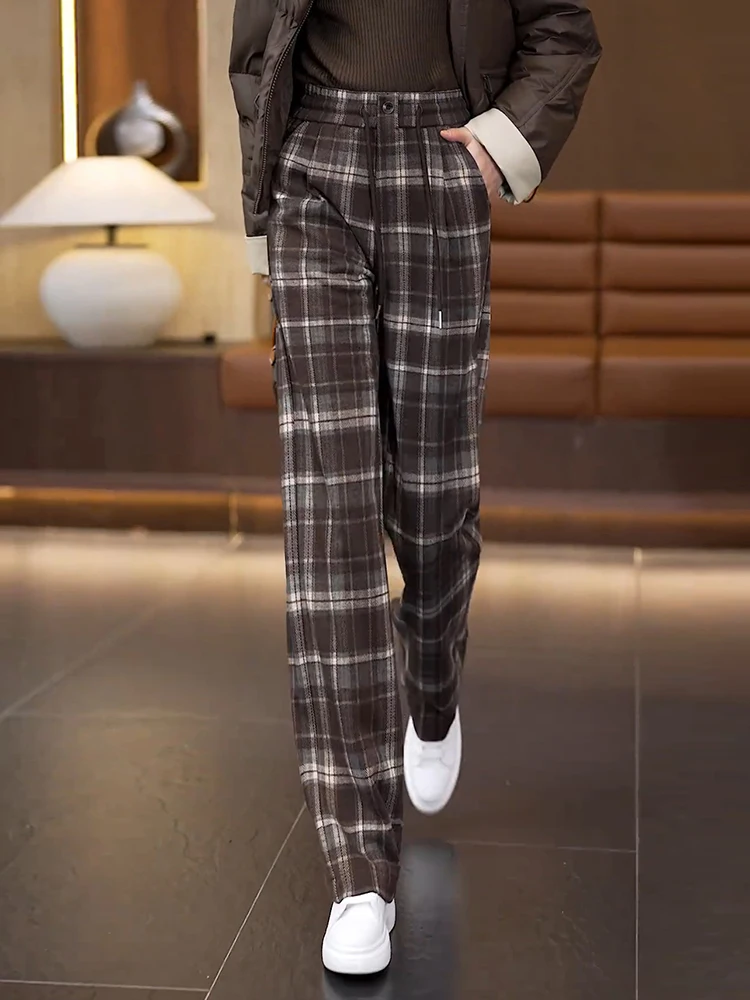 

Осенне-зимние женские брюки в клетку с широкими штанинами, утепленные флисом, шерстяные, прямого кроя, с высокой талией, в корейском стиле, для повседневной носки