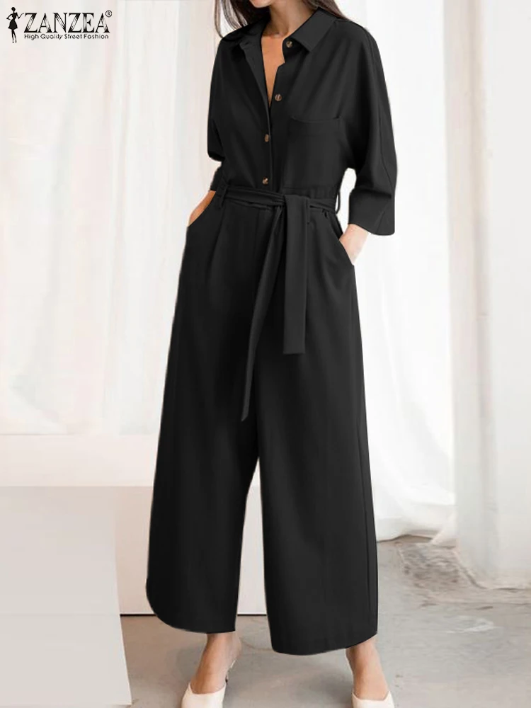 

2024 ZANZEA Elegant Women Jumpsuits Spring Lapel Neck 3/4 Sleeve Rompers Solid Work Long Playsuits Casual Loose Belted Overalls