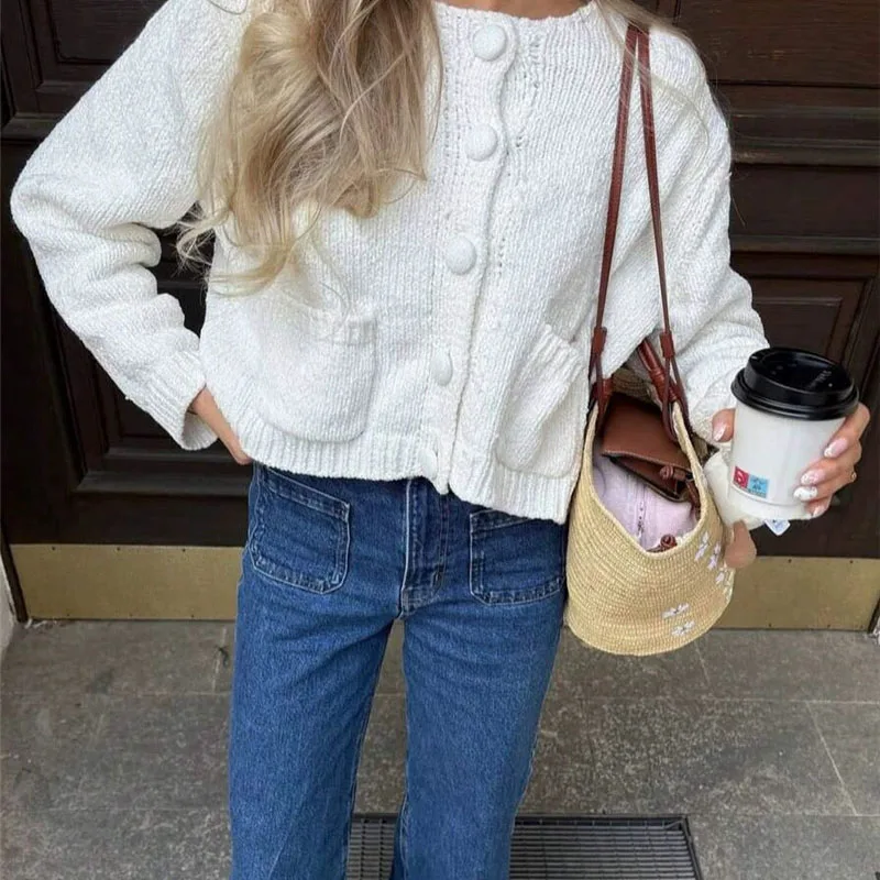 

Autumn Elegant O-neck Knitted Cardigan Winter Casual Long Sleeve Pocket Solid Short Jackets Fashion Single breasted Sweater Coat