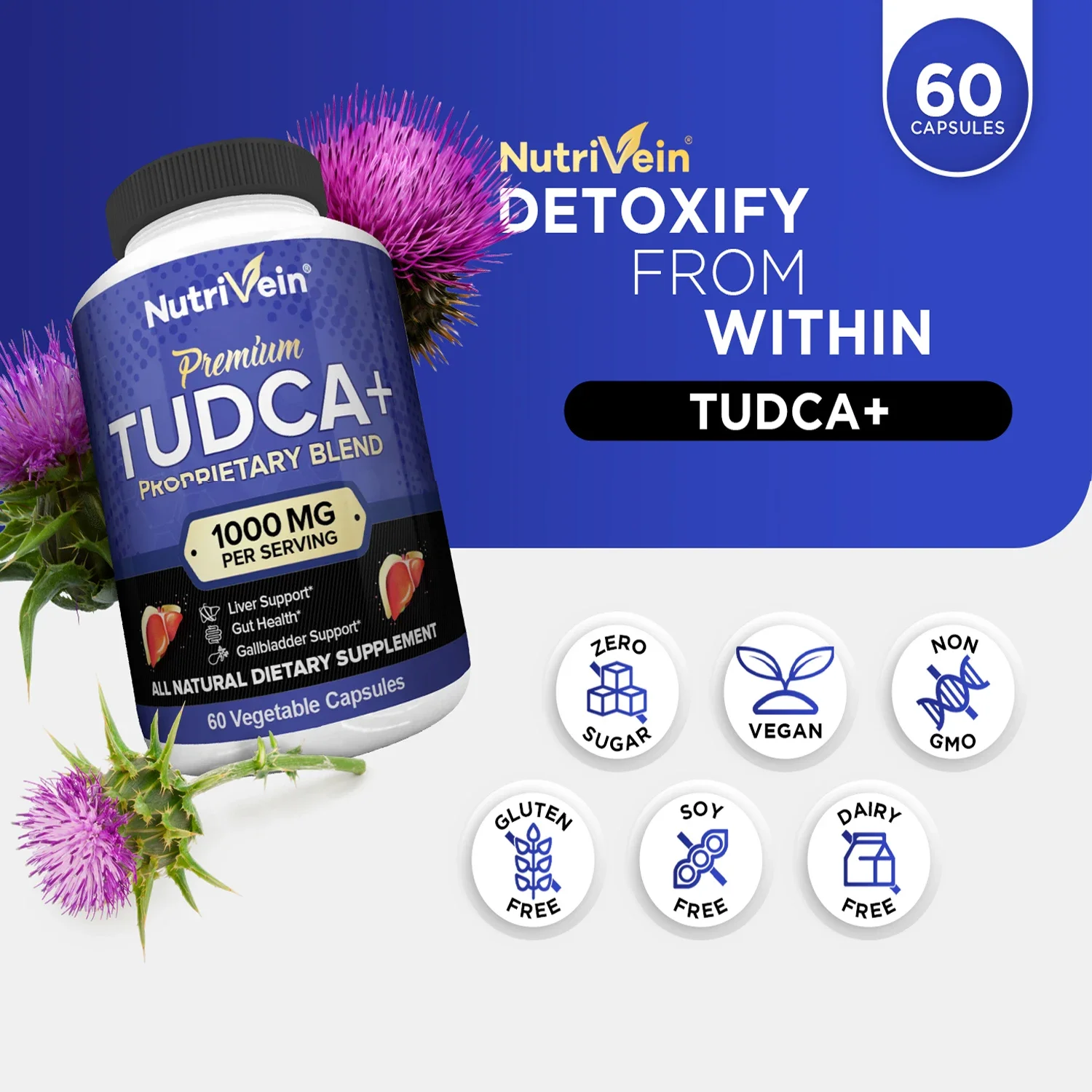 TUDCA + Milk Thistle Supplement - Liver Digestive Health, Supports Liver Function, Antioxidant, Non-GMO, Vegetarian