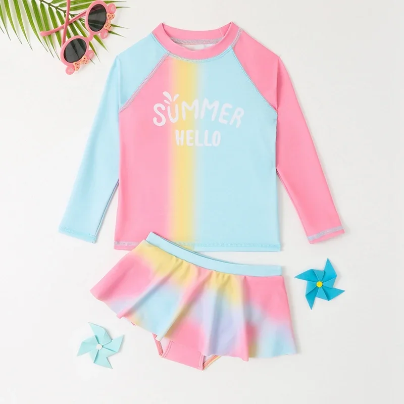 

4-8Y Girls Swimsuits Colorful Long Sleeve Two-Piece Swimwear Children Fashion Casual Sun Protection Bathing Suit Sweet Beachwear