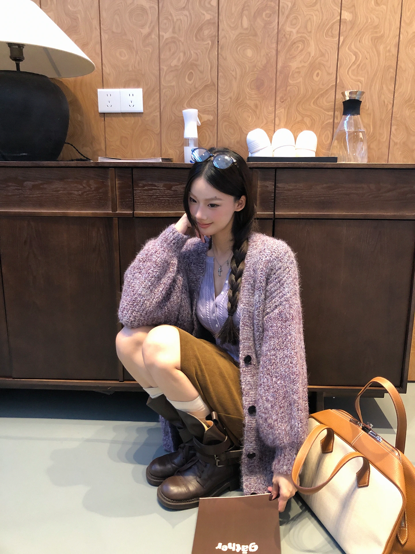 

Фиолетовый вязаный кардиган женский осенне-зимний, свободный крой, с V-образным вырезом, длинный рукав, премиум-класс