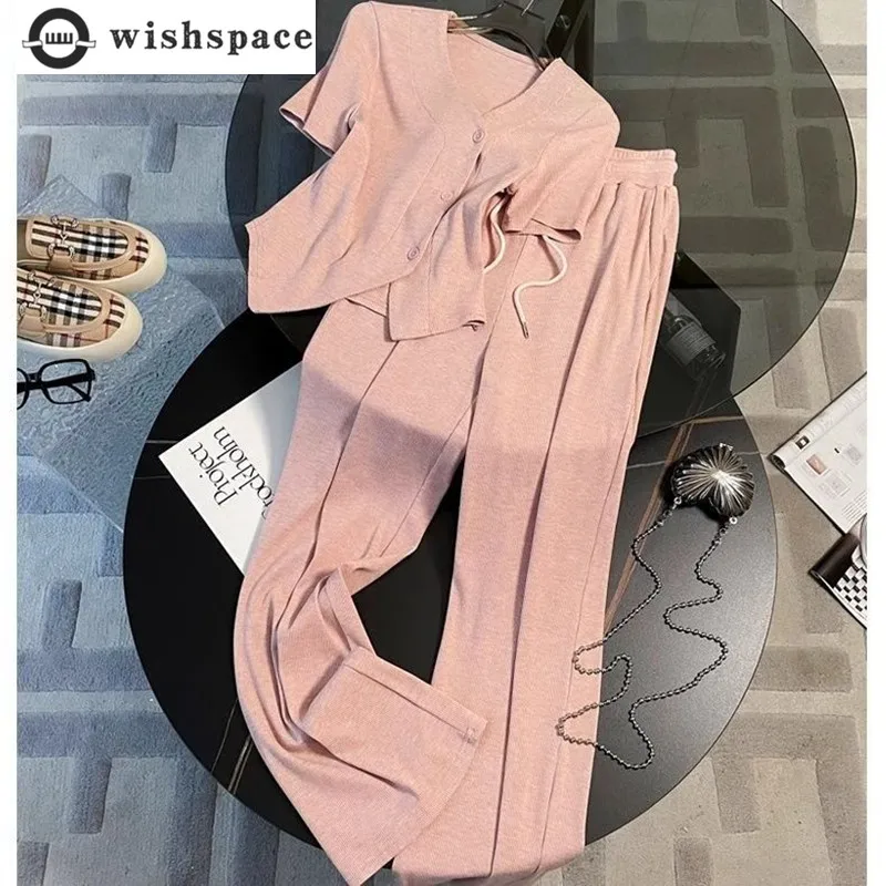 

Pink Fashion Sports Suit Women's Summer French Lazy Style Cardigan Short Sleeved T-shirt Casual Wide Leg Pants Two-piece Set