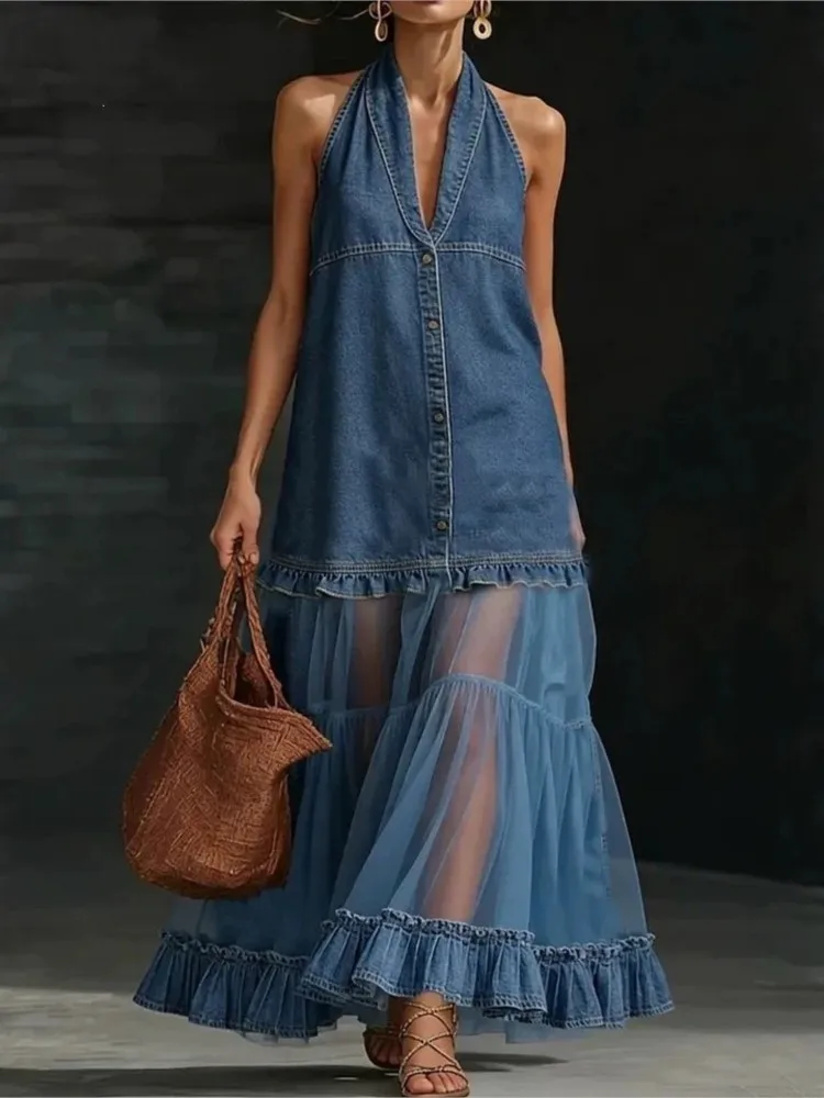 Vaqueros Retro de Imitación para Mujer con Detalles en Contraste ​ ​ Vestido Casual sin Mangas con Volantes, Vestidos Sólidos para Primavera y Verano, Moda Elegante, Vestido Informal