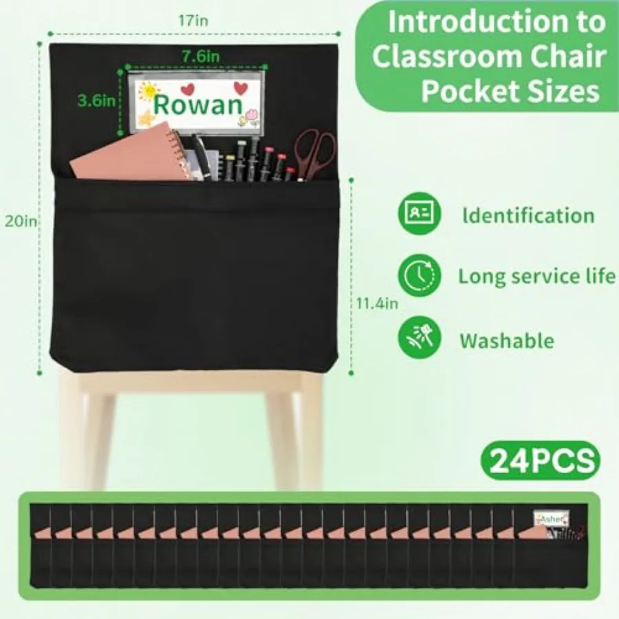Chair Pockets for Classroom, 20 x 17 Inch Extra Large Seat Sacks with Name Tags, Heavy-Duty Oxford Fabric Chair Organizers for