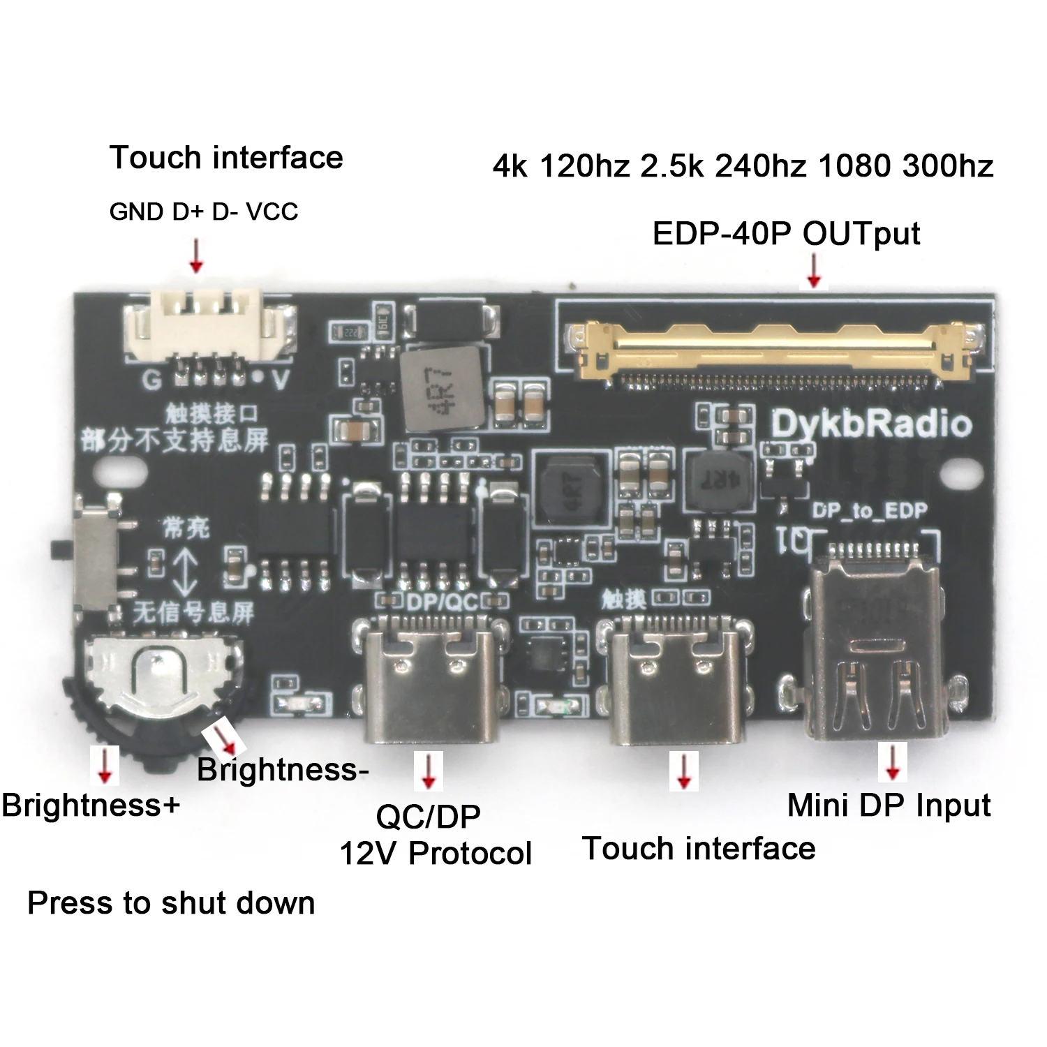 Mini DP to EDP Driver Board, LCD LED Screen Driver, Portable Display, Laptop, Notebook, 40PIN, 30PIN, 2K, 4K, 60Hz, 120Hz, 240Hz