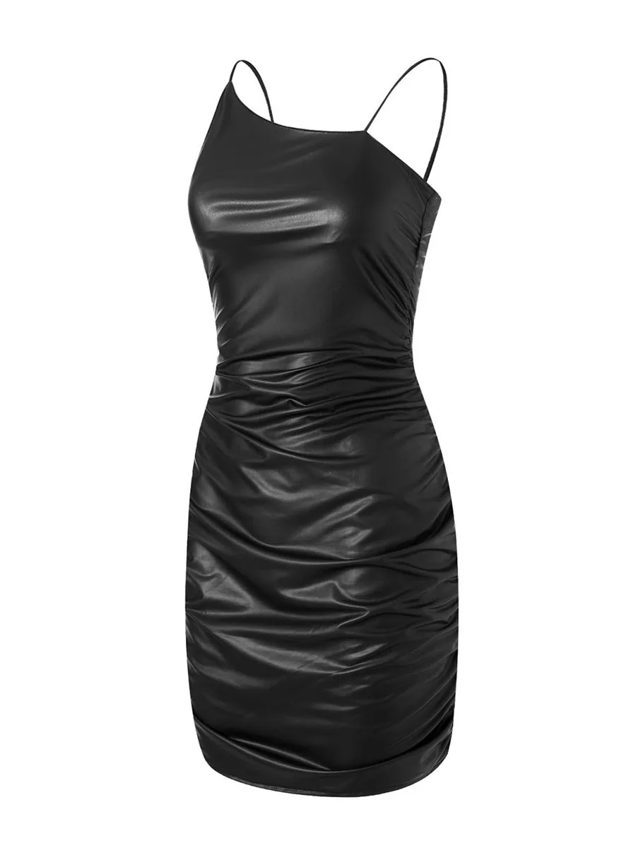 Women Bodycon Mini Dress Sexy Faux Leather Spaghetti Strap Sleeveless Birthday Party Dresses Sexy Backless Streetwear