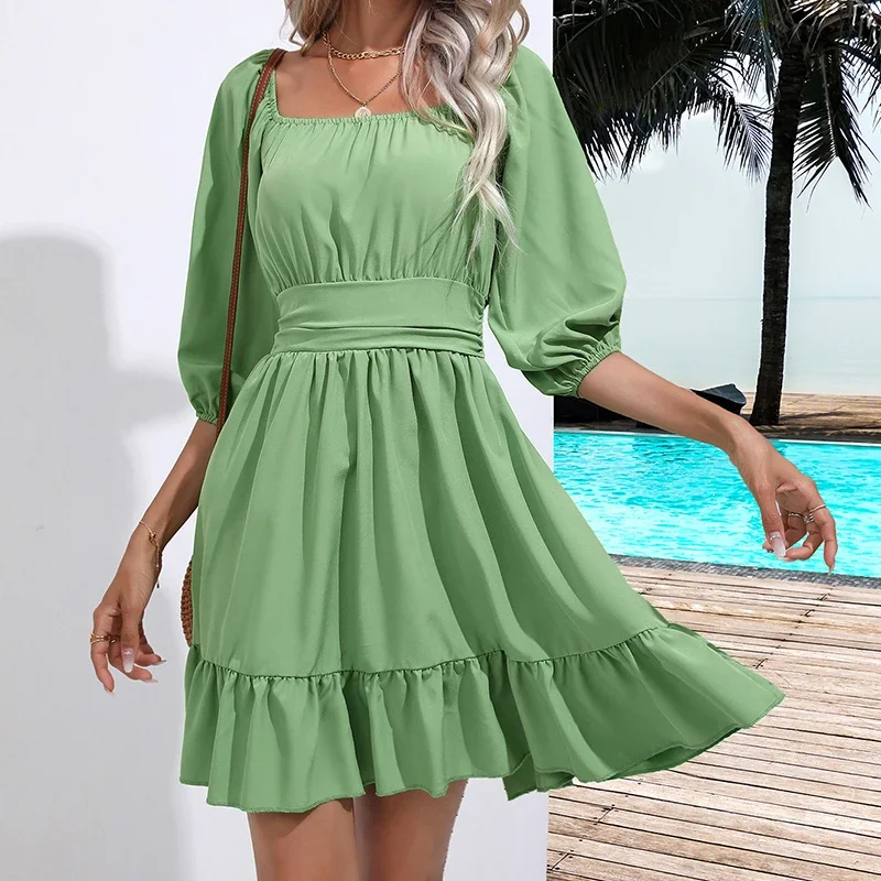 Abrini Ruffles Sweet BOHO Dress for Women Bandage Backless Beach Dress Short Sleeve Pleated Bohemian Holiday Dress Summer