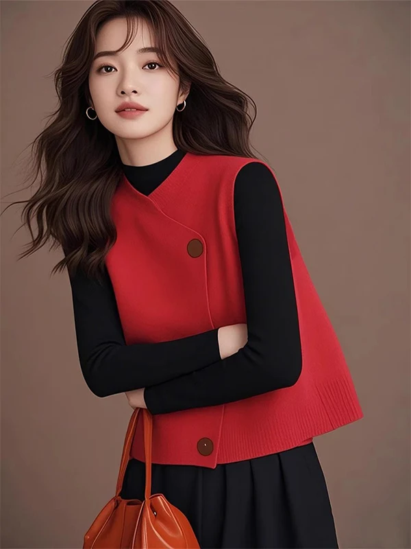 Red Knitted Vest Women's Fashionable Outerwear Layering Design Unique Beautiful Top Commute Style Single Button Closure Pure ...