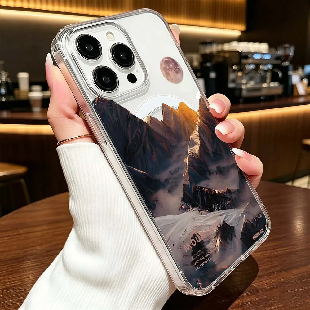 Luxury Snow Mountain Landscape Phone Case For Apple iPhone 17 16 16e 15 14 13 12 11 Pro Max Plus Transparent Magnetic Cover