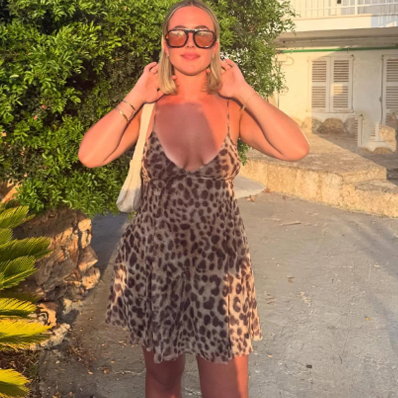 HXAO Mesh Women's Dress Slip Leopard Print Woman Summer Dress Vintage Sleeveless Short Dresses Lace Up Backless Sexy Dress