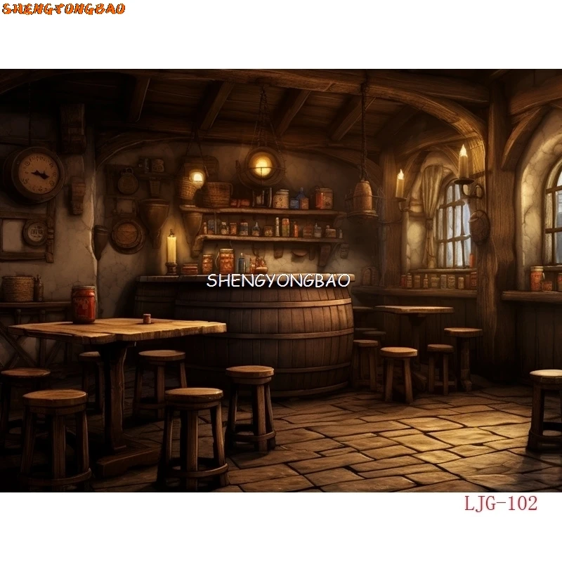 Vintage Old Tavern Barista Coffee Shop Bar Photography Backdrop Warm Medieval Inn Fantasy Retro Photo Studio Background LJG-01