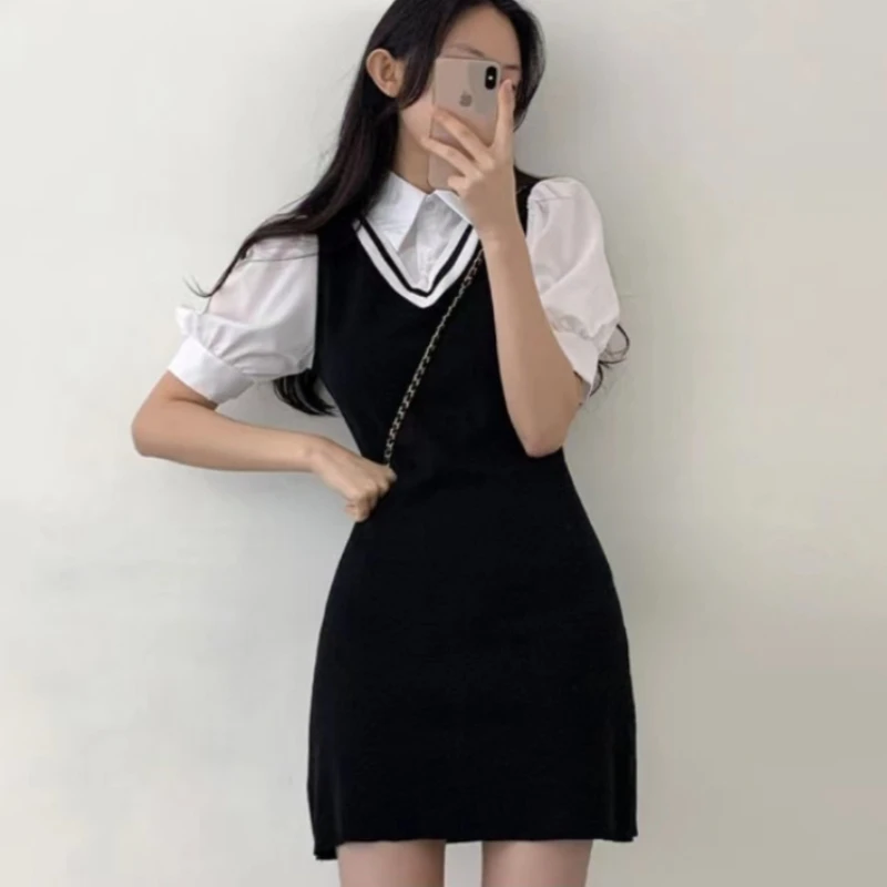 Dresses Women Panelled Knitted Defined Waist Sweet Spicy Girls Hip-covering Mini Vestidos Korean Fashion College Summer Popular