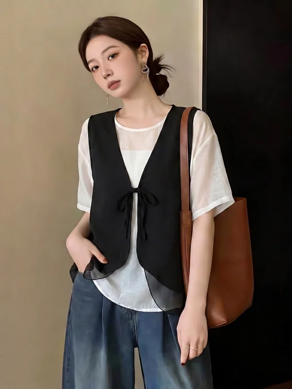 

Summer 2026 plus Size Black Mesh Vest Top Shoulder Length Short Sleeve Two-Piece Set Korean Style Commute Fashion Loose Fit