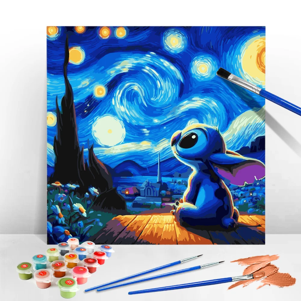 Disney-pintura al óleo por número de Lilo y Stitch, dibujo de dibujos animados hecho a mano por números, cielo estrellado, pintura acrílica DIY, regalo personalizado