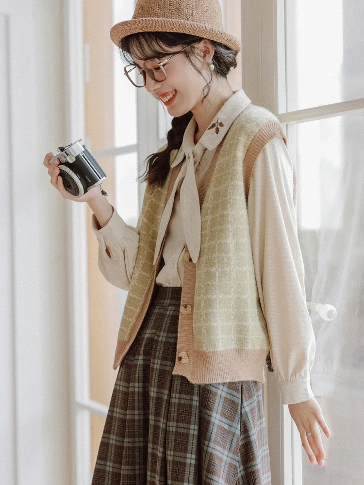 Vintage Plaid Spliced Sweater Vest Women Fashion Chic Simple Tops Girls Young Sweet Lovely Loose Leisure Sleeveless Coats Ins BF