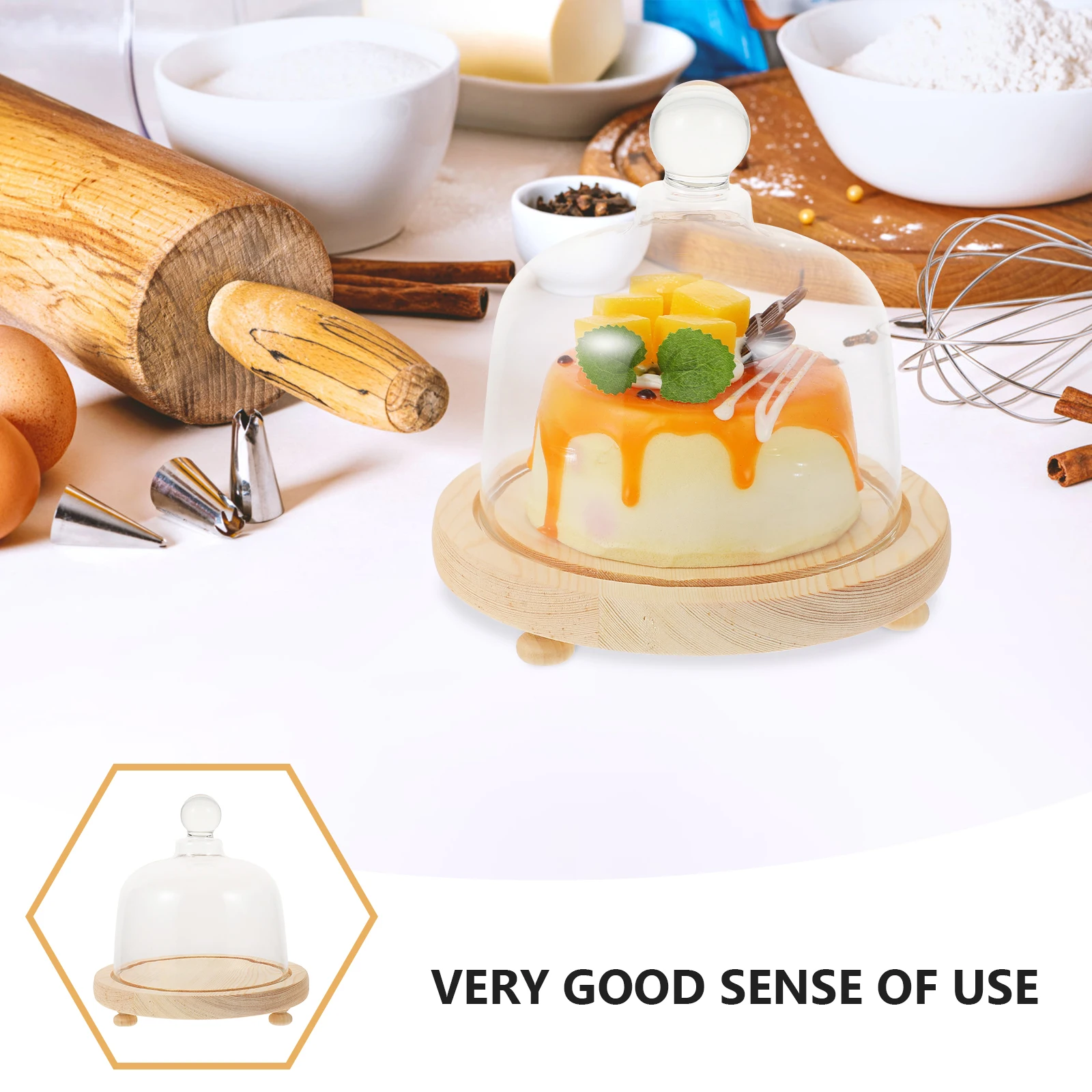 

Glass Cake Cover Wood Base Display Protective Case Food Shade Bracket Clear Transparent Non Slip Easy Hold Cake Stand Dessert