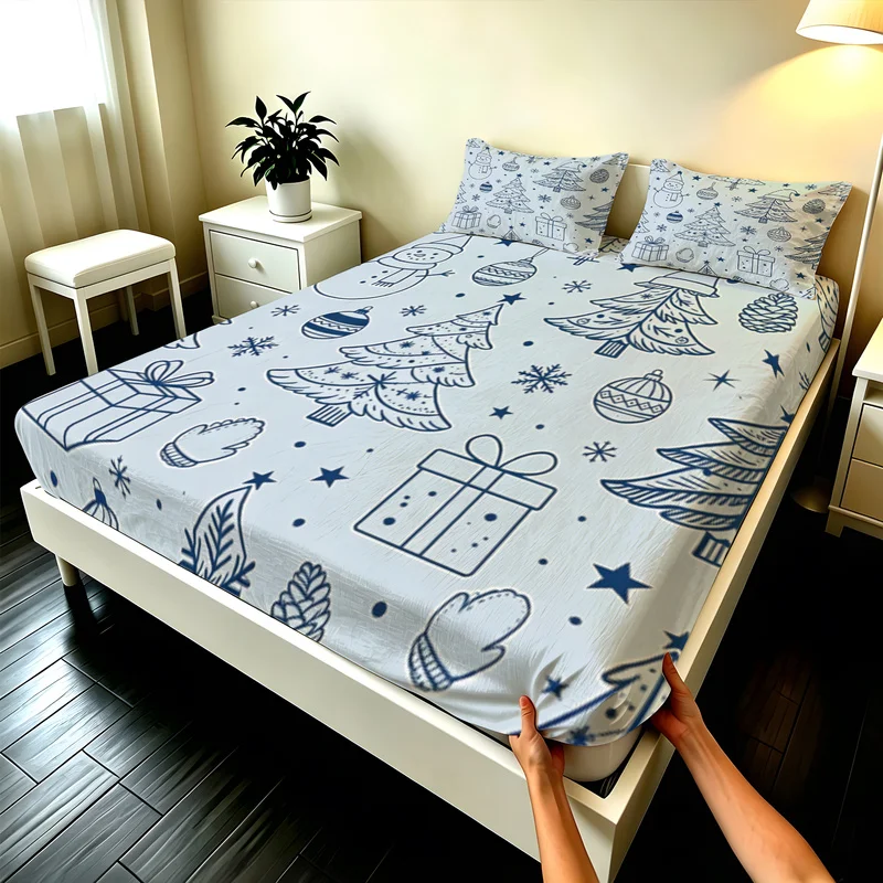 3Pcs Microfiber Christmas Fitted Sheet Set,Deep Pocket,Durable,Multi-Sizes,Green Christmas Trees Print,Modern Bedroom Decor