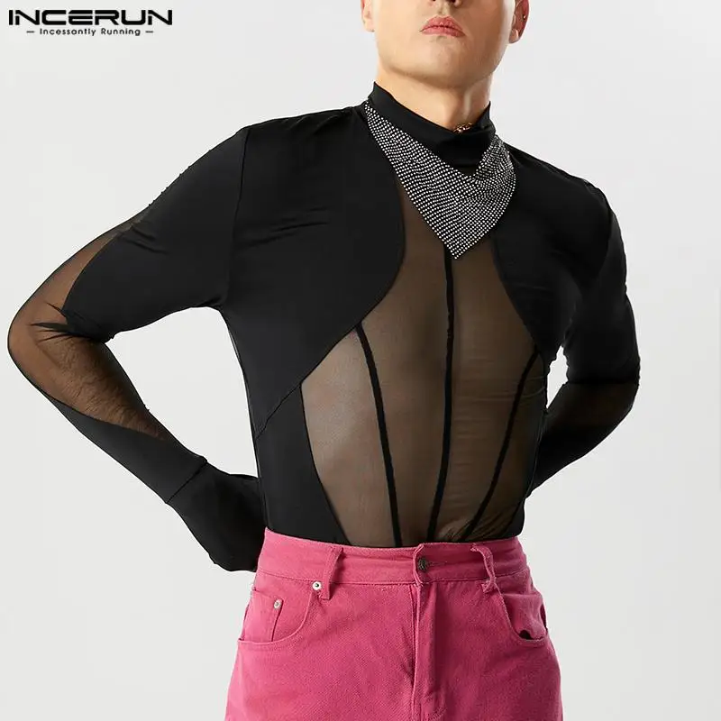 

2023 Men Bodysuits Turtleneck Long Sleeve Gloves Streetwear Rompers T Shirt Men Mesh Patchwork Transparent Sexy Bodysuit INCERUN