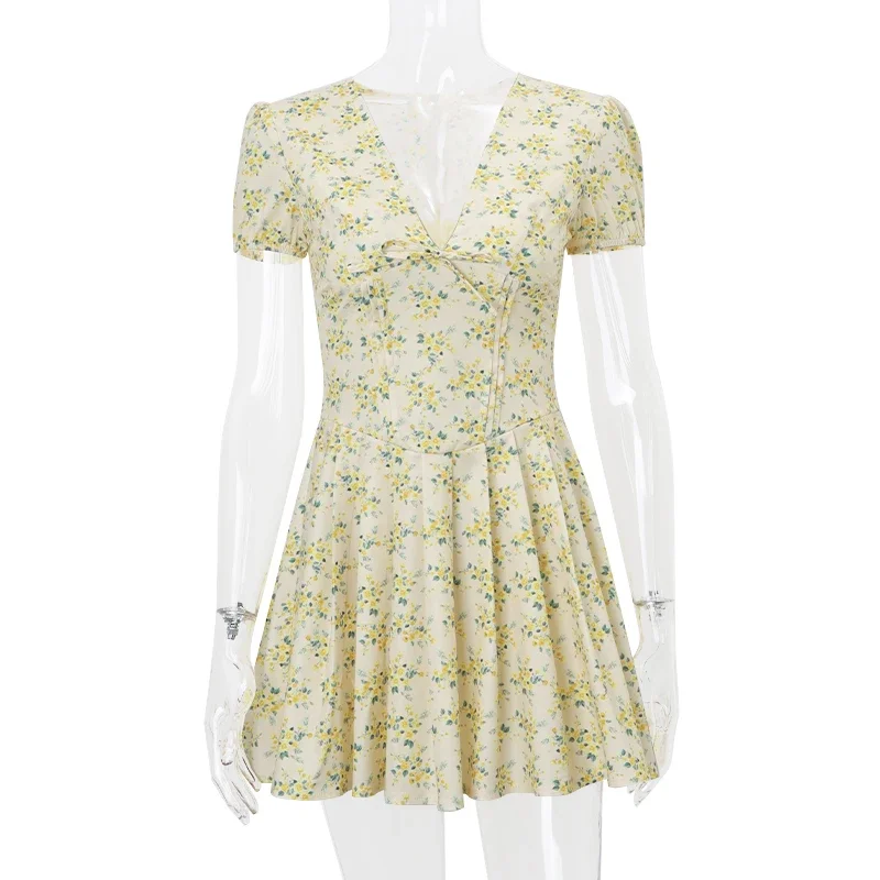 Cpsymym candyhot elegante retro impressão y2k vestido casual verão manga curta com decote em v vestido de noite high street club babados estética