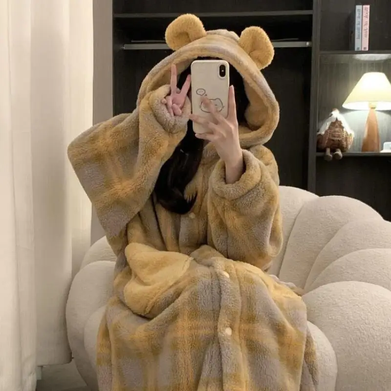 Lindo invierno grueso coral polar pijamas de mujer Otoño Invierno bata con capucha ropa de dormir cómoda nuevo modelo bata pijama ropa de casa