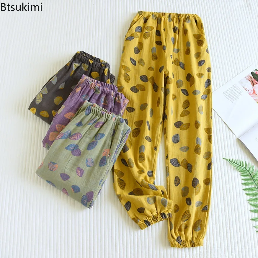 2026 Women's Summer Pajamas 100% Cotton Gauze Side Pockets Sleeping Pants for Women Thin Close-up Pants Loose Home Pants Female