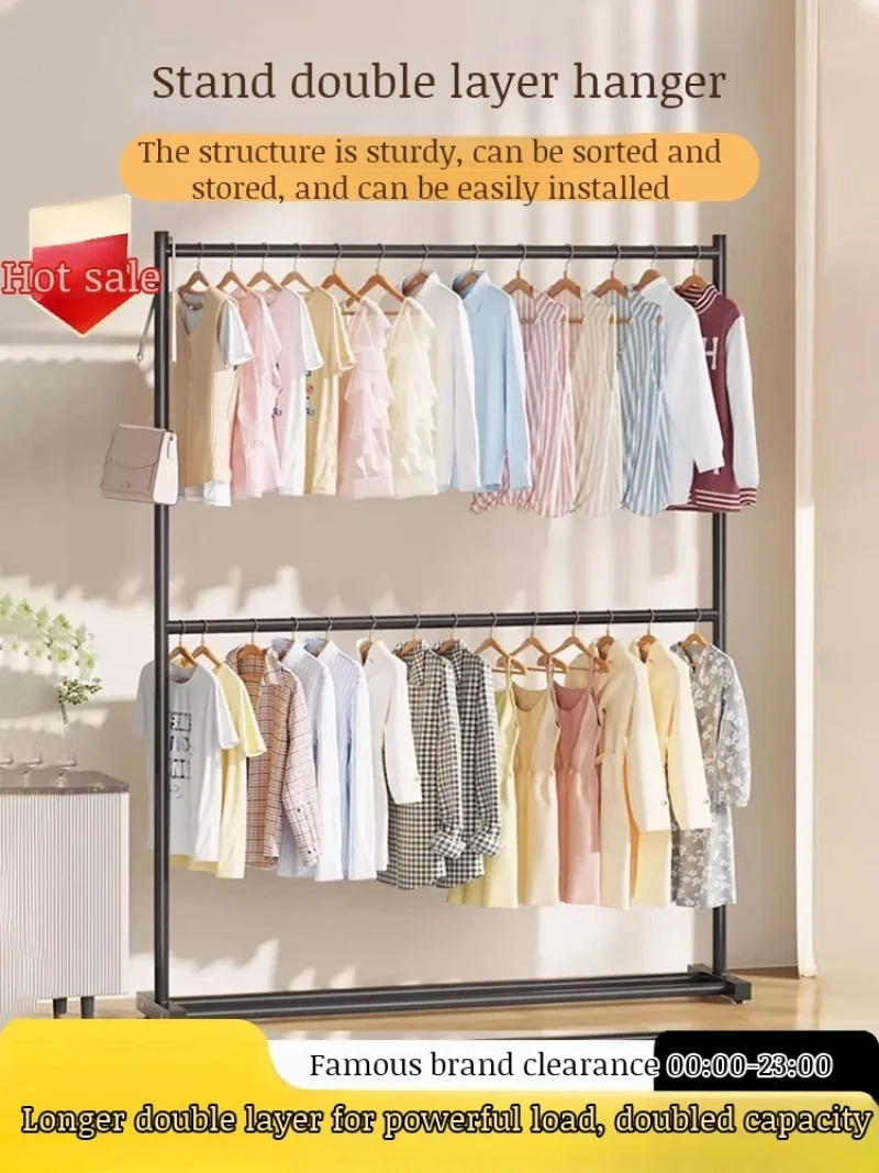 Home Floor Clothes Rack Floor Standing Clothes Drying Rack Bedroom Shelf Space Hanging Clothes Rack