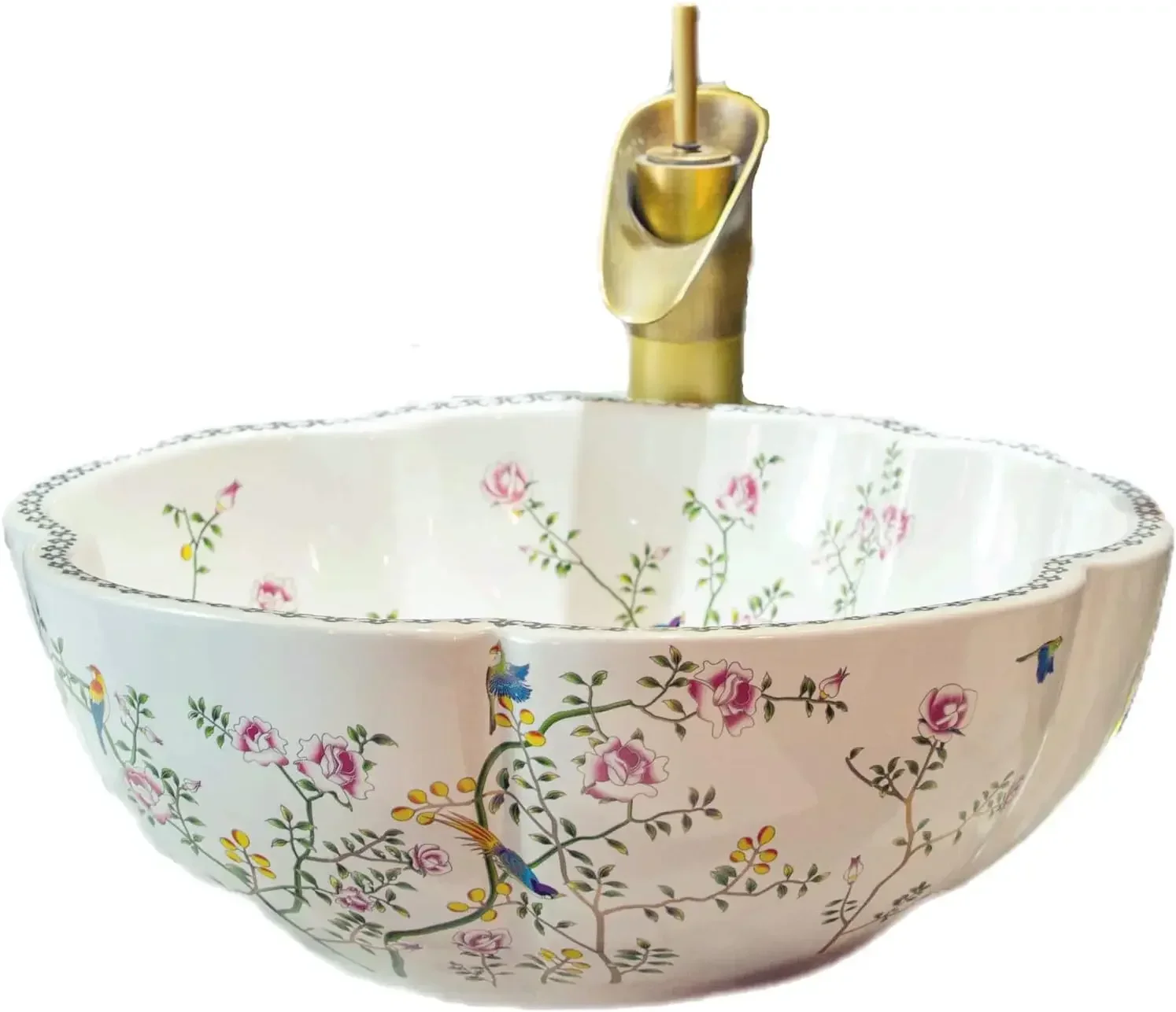 

Ceramic Bathroom Vessel Sink Bowl White Color Art Above Counter Vanity Wash Basin with Flower Shape and Flower Bird Pattern,1Sin