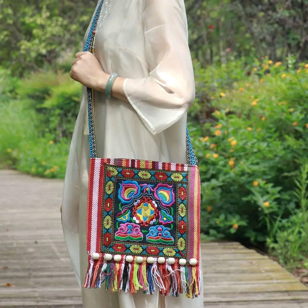 

Embroidered Ethnic Style Crossbody Bag Vibrant Square Vintage Tassel Bag Colorful Bohemian Chic Floral Messenger Bags Women