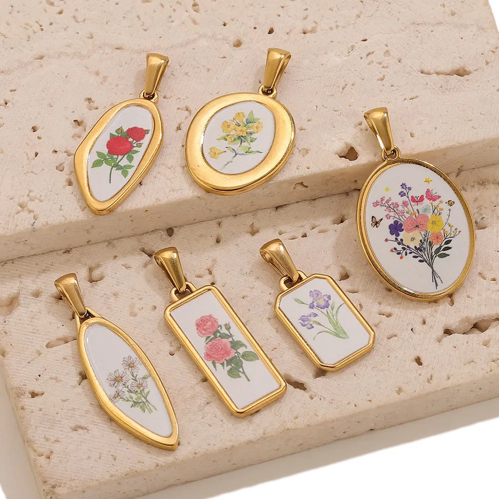 2 Stück Edelstahl-Emaille-Blumenanhänger für die Schmuckherstellung, DIY-Halskettenanhänger für Damen, goldene Blumenanhänger, Materialzubehör – Detail 7
