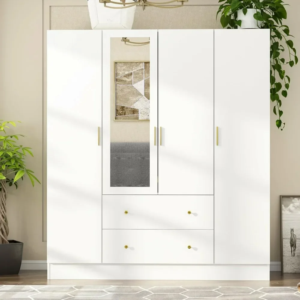 

Wardrobe Armoire Closet with Mirror, Wardrobe Cabinet with Hanging Rod & 2 Drawers, Armoire Dresser Wardrobe Clothes Organizer