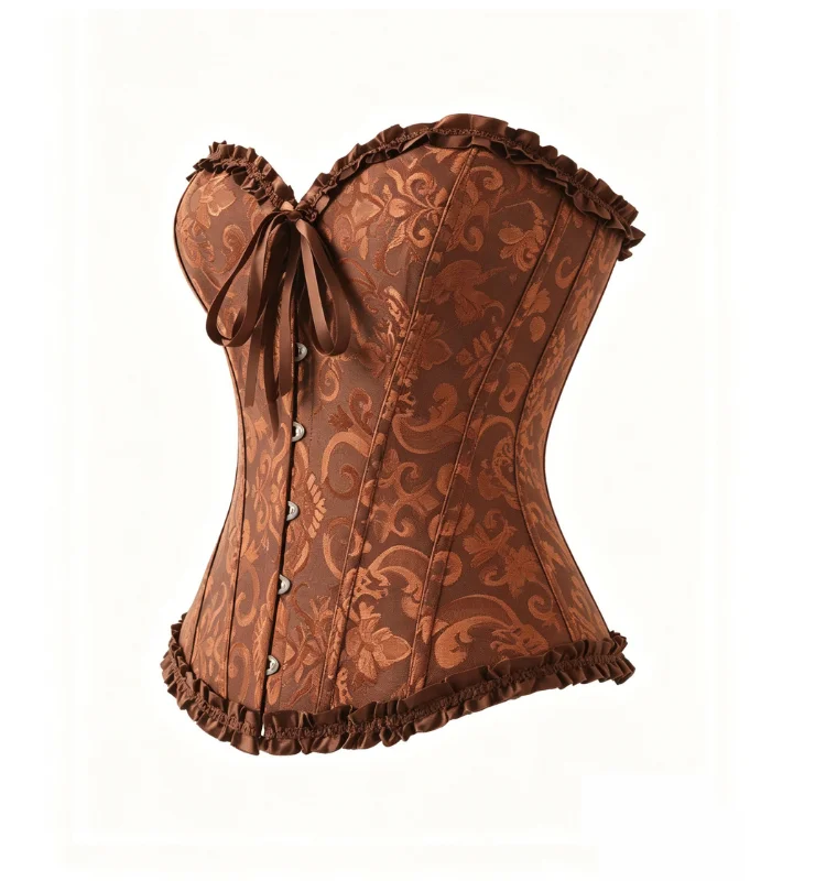 Damen-Overbust-Korsett, Vintage-Jacquard, Rüschen, Schleife vorne, Busk hinten, Schnürung, Taillenformer, Freizeit-, Party- und Alltagskleidung – Detail 5