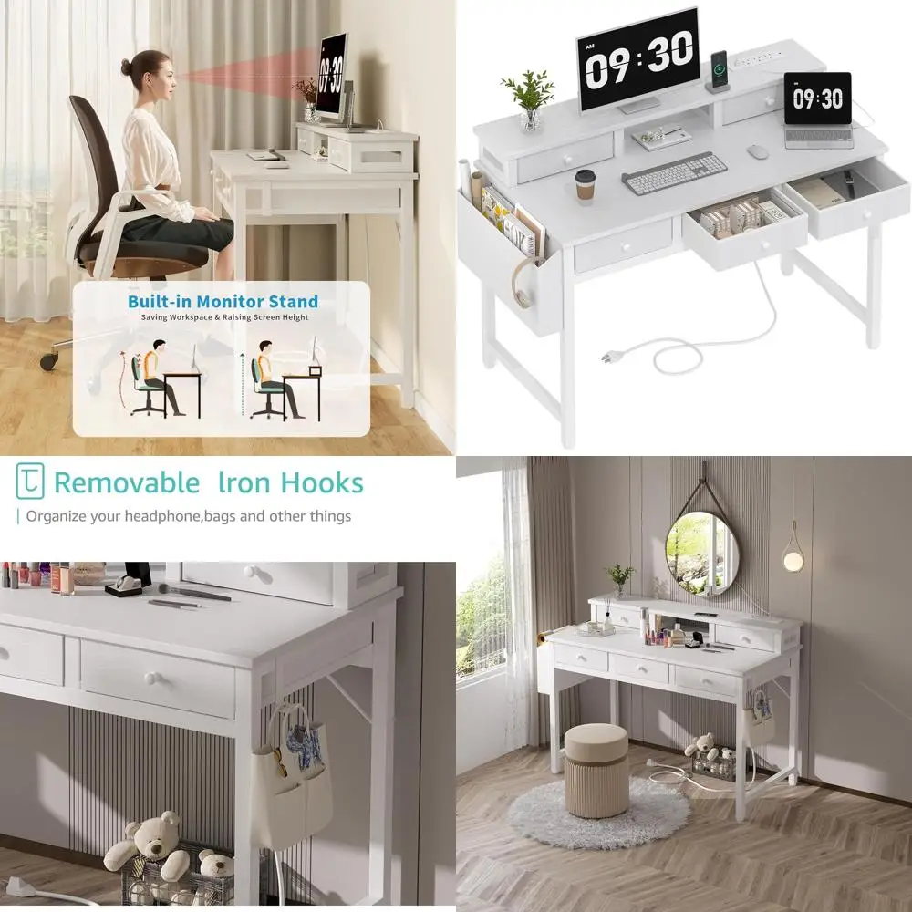 

Белый стол для домашнего офиса с тканевыми ящиками, 40-местный туалетный столик для макияжа с местом для хранения, учебный столик с розеткой и подставкой для монитора