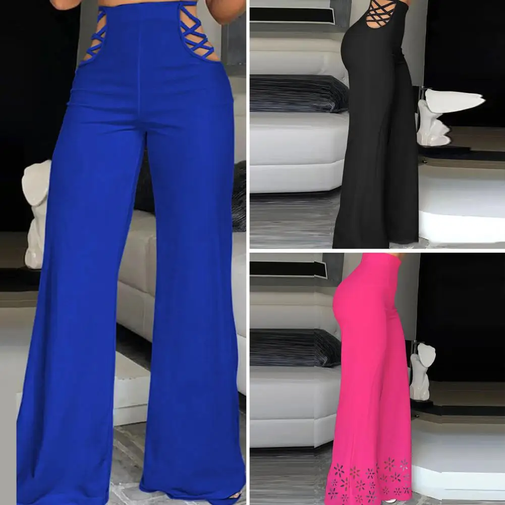 

Women Wide Leg Pants Floral Cuffs Wide Leg Trousers High Waist Draped Straight Pants for Women Chic Streetwear with Hollow Out