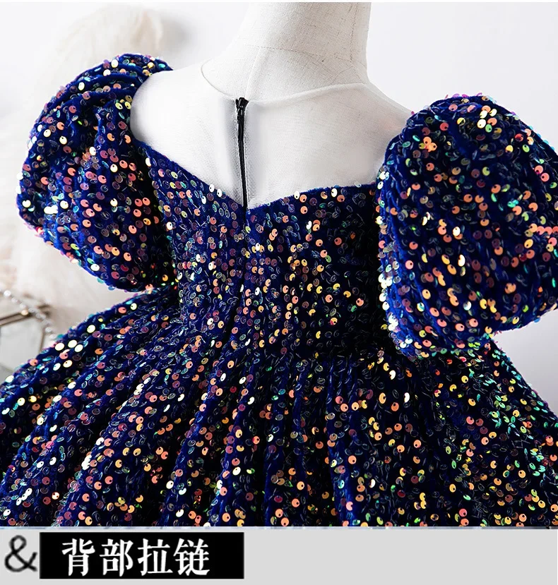 Vestido de lantejoula Puffy para meninas, vestido de baile branco, elegante vestido de noite, batismo infantil, primeiro aniversário