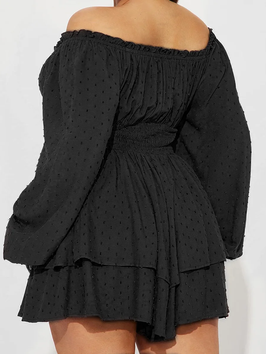 

Plus Size Women s Swiss Dot Boat Neck Off Shoulder Long Sleeve Romper Playsuit for Spring and Fall Streetwear Fashion