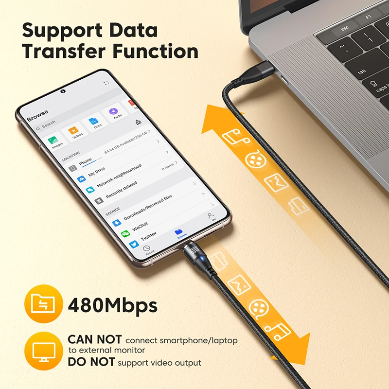 AUFU 마그네틱 USB C 케이블, 60W PD 고속 충전, USB C에서 C 타입 마이크로 마그네틱 데이터 코드, 아이폰 삼성 샤오미 맥북 노트북용