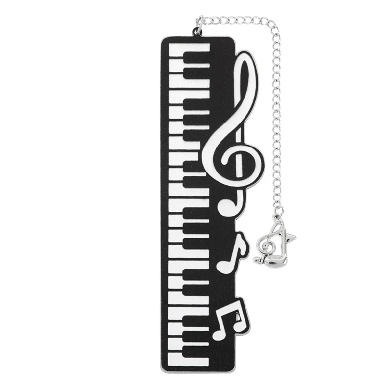 Q6PA Music Bookmarks Stainless Steel Piano Page Marker with Black White Keyboard Pattern and Hanging Note Charm for Reading and
