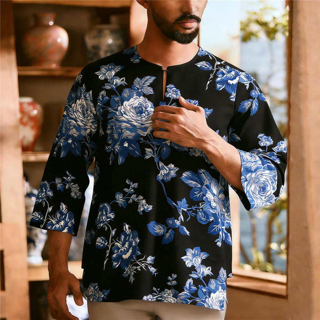 

Floral pattern 3D Print Men's 3/4 Sleeve Round Neck Hawaiian Shirt, Men Blouse Pockets Daily Casual Vacation Wear Men Clothing